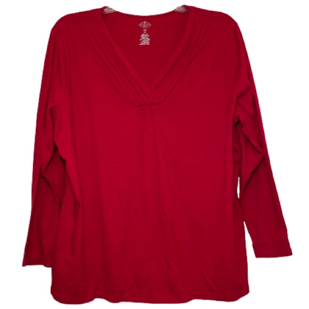 ST. JOHN'S BAY Red Pleated V-Neck Long Sleeve T-Shirt Tee Top Plus Size 2X 18/20